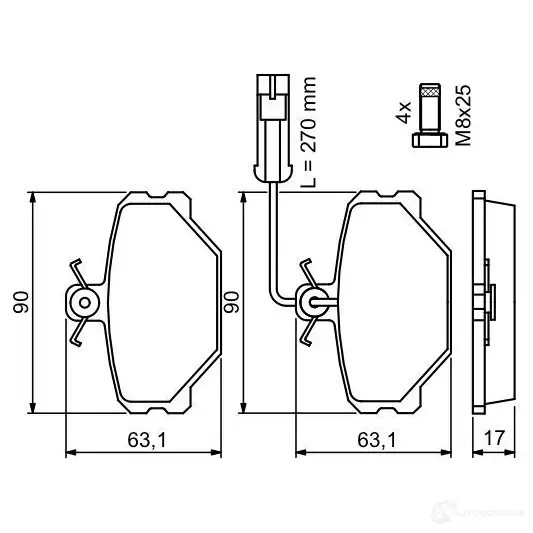 Тормозные колодки, комплект BOSCH 21 100 90R-010200/002 0986491050 341992