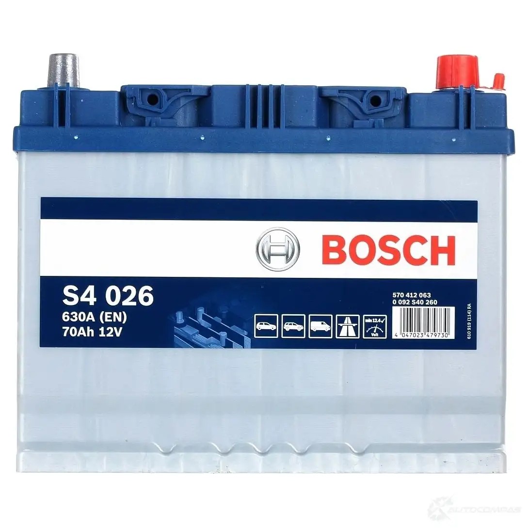 Аккумулятор 70 ач обратная 630 а 12 в Кальциевый [CA/CA] silver jis 261x175x220 BOSCH 570 412 063 12V 70Ah 630A 0092S40260 304147