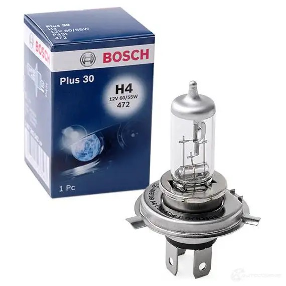 Лампа галогеновая H4 PLUS 30 60/55 Вт 12 В BOSCH 12V 60/55W H4 Plus 30 1987302042 Blister 1pcs - 1 987 301 002 350160