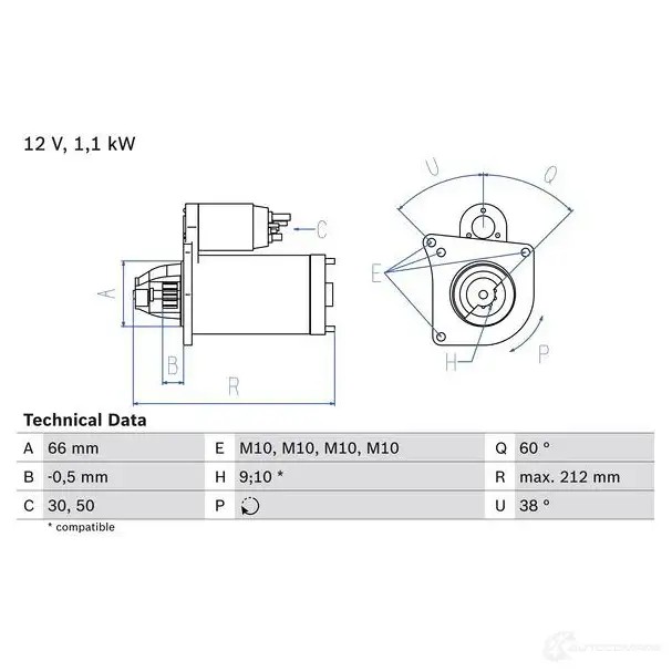 Стартер BOSCH 16 40 331245 0986016400 16D4W