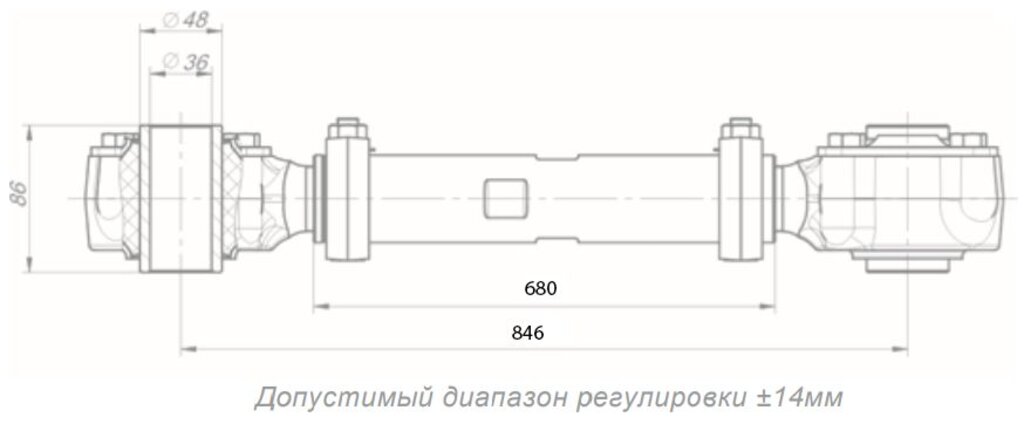 Штанга реактивная НЕФАЗ полуприцепа регулируемая с трубчатым РМШ L=680-846мм (задняя ось) ROSTAR