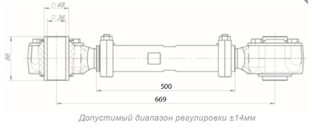 Штанга реактивная НЕФАЗ полуприцепа регулируемая с трубчатым РМШ L=500-669мм (сред., задн.ось) ROSTAR