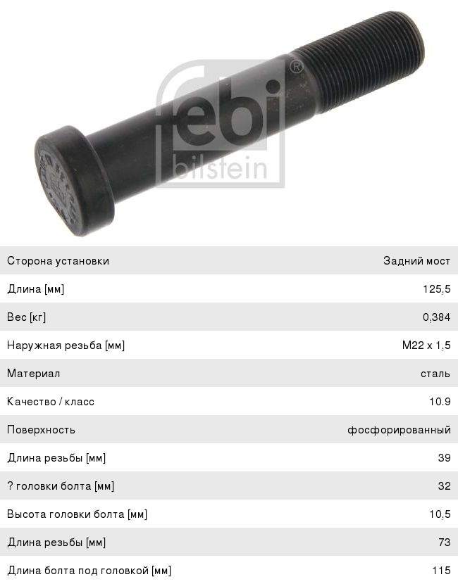 Шпилька колеса MERCEDES (M22x1.5x125.5) FEBI