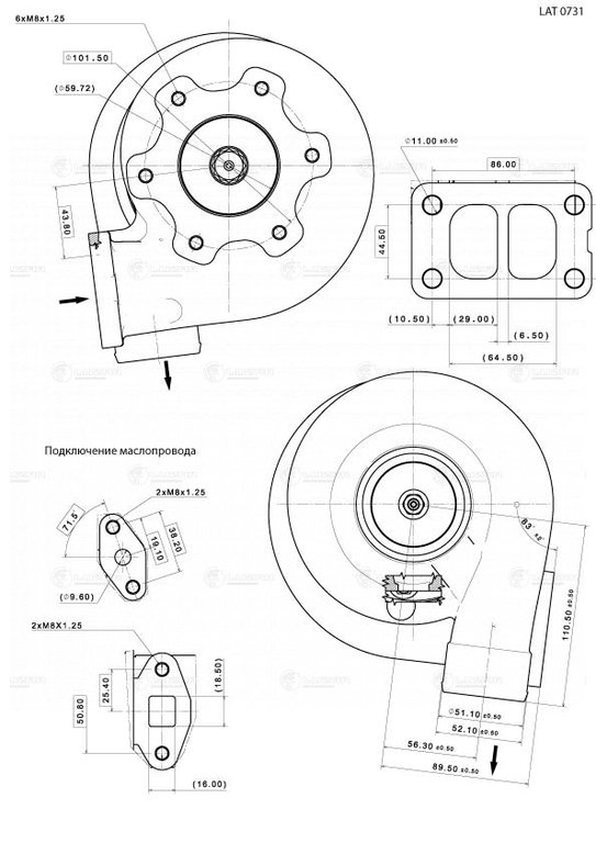 Турбокомпрессор КАМАЗ дв.ЕВРО-3 правый (аналог К27 2075555006) (6 шп.) LUZAR