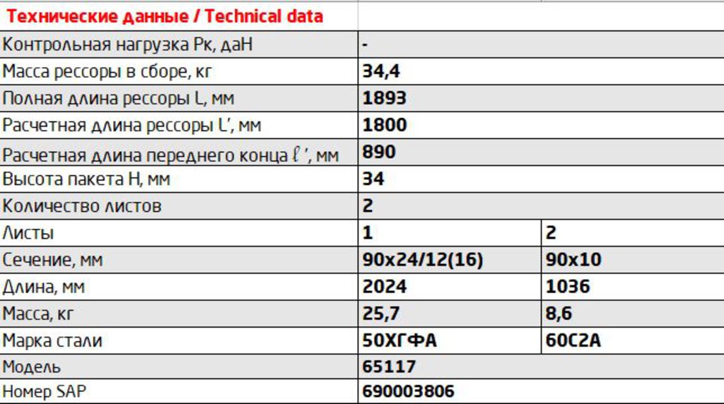 Рессора КАМАЗ-65117 передняя (2 листа) L=1893мм ЧМЗ