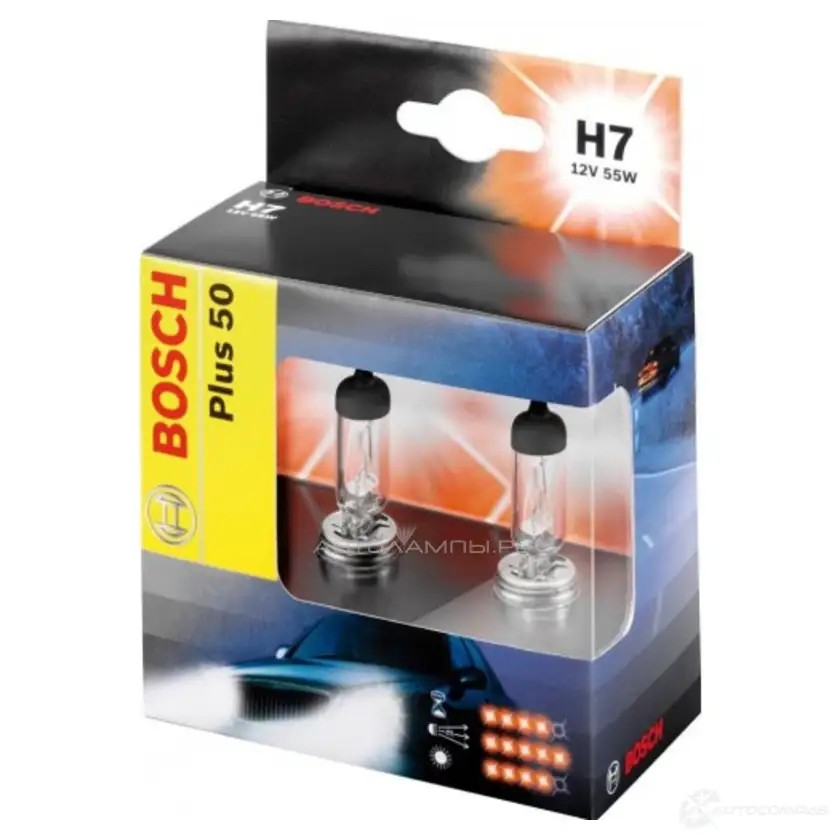 Лампа галогеновая H7 PLUS 50 55 Вт 12 В BOSCH 1987301086 E1 23P 12V 55W H7 PLUS 50 (BOX OF 2) 1423106000