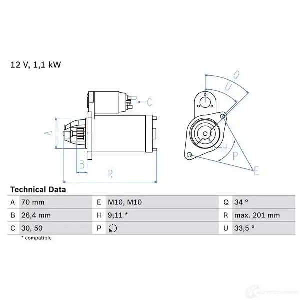 Стартер BOSCH 0Z6RN 0986020350 331539 2 035
